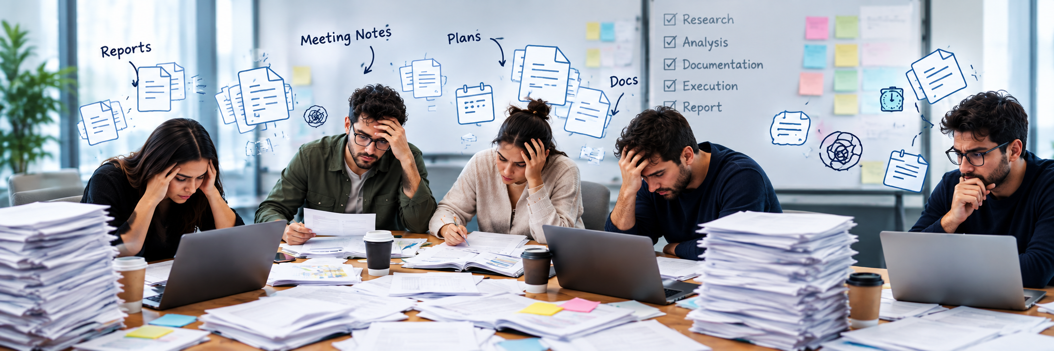 A team organizing reports, meeting notes, plans, and documents